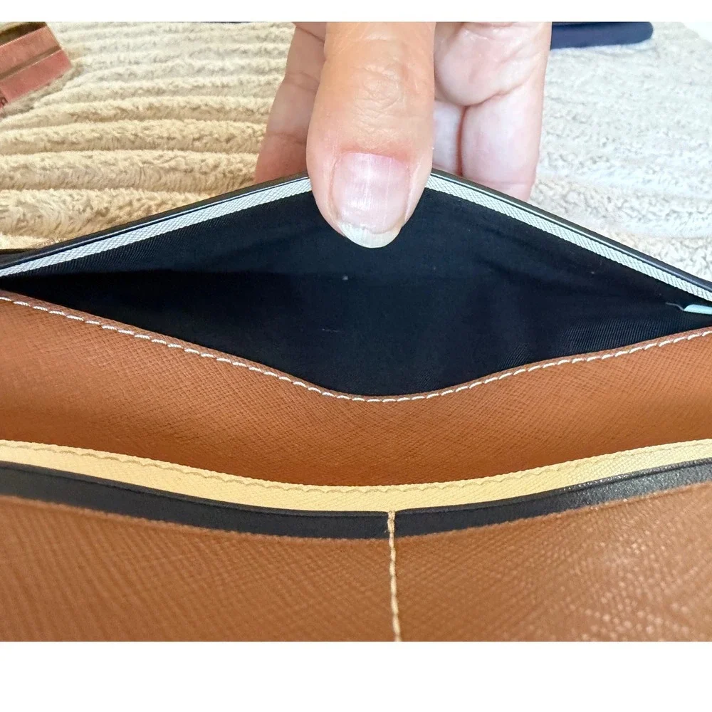 Tory Burch Black Pebbled Leather Slim Bi-Fold Wallet Gold Logo Medallion Striped